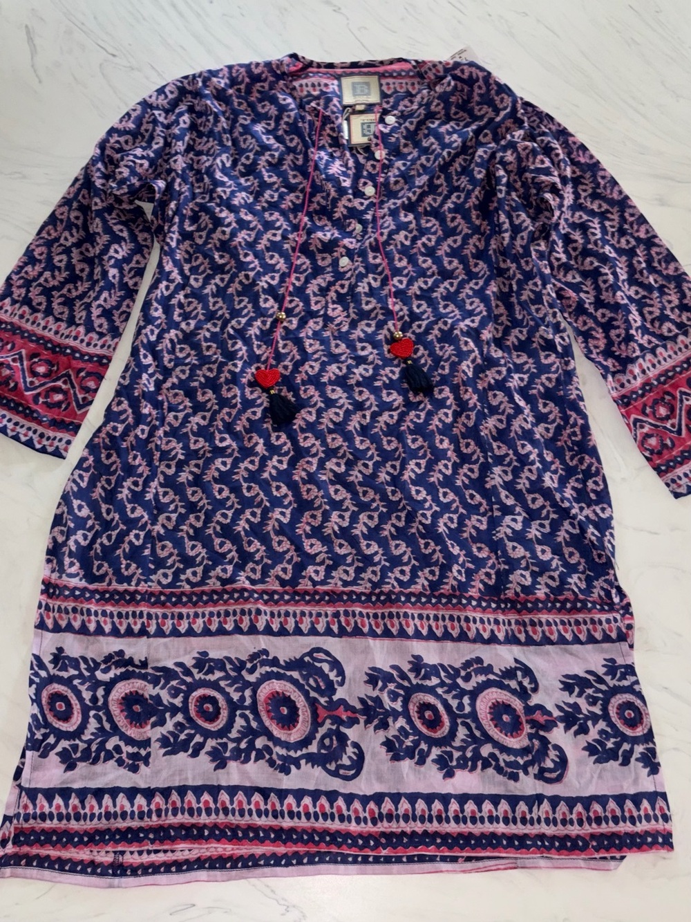 ALICIA BELL 🤍 hand block Print Cover-Up Minidress tunic Blue White pink Flower m